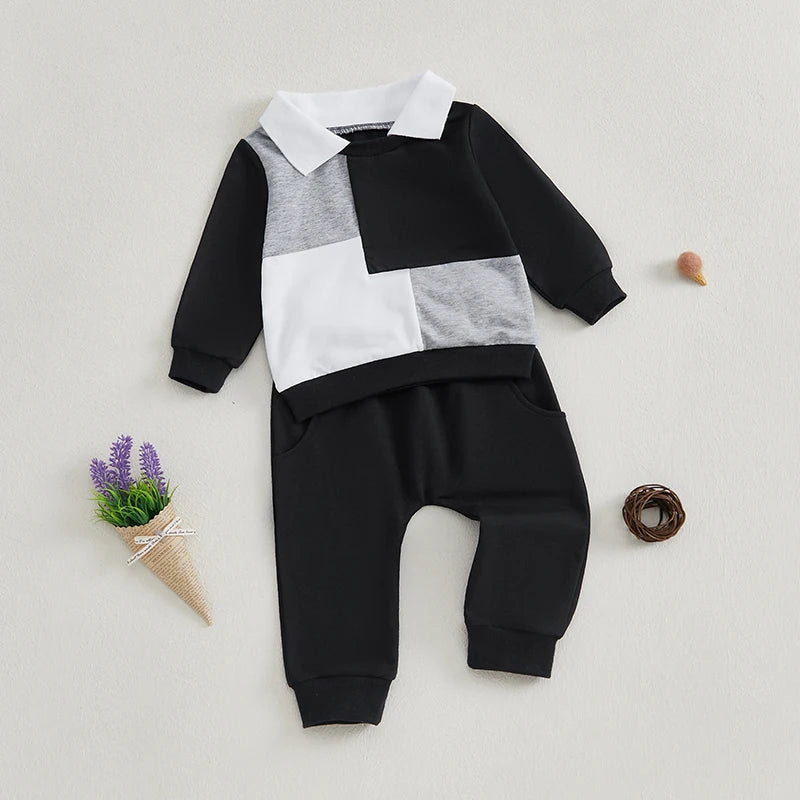 0-3Y Baby Boys 2Pcs Clothes Sets Outfit Long Sleeve Lapel Collared Colour Patchwork Sweatshirt and Pants