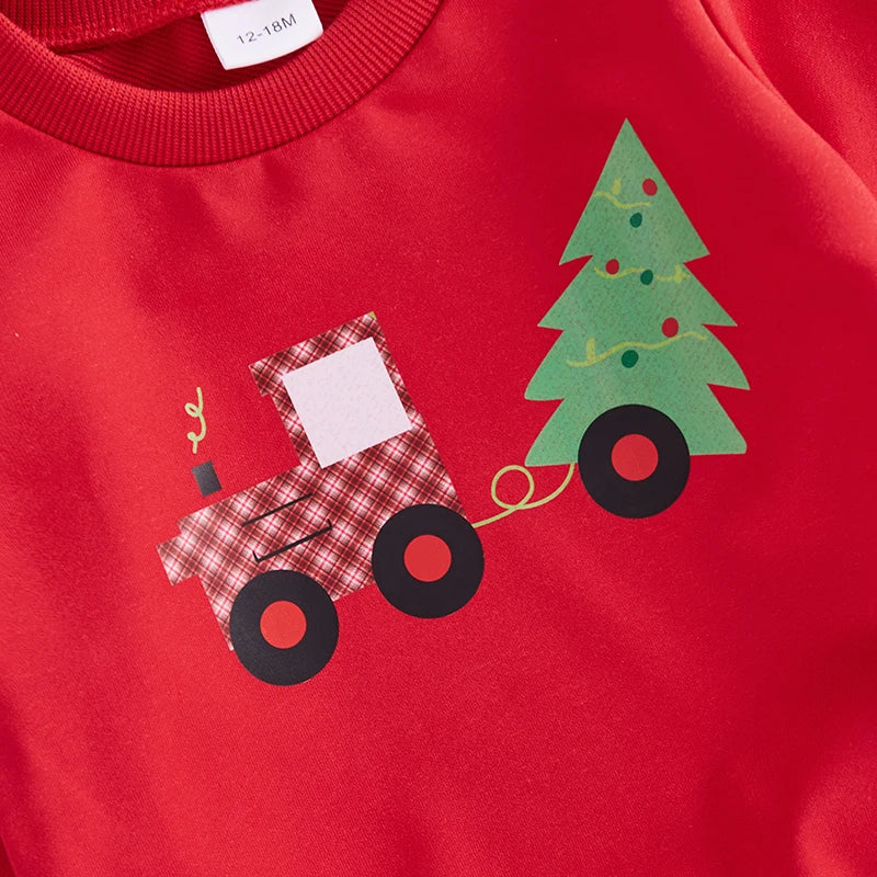 1-5Y Toddler Kids Boys Christmas Clothes Set- Xmas Tree Print Long Sleeve Sweatshirt with Plaid Pants Set