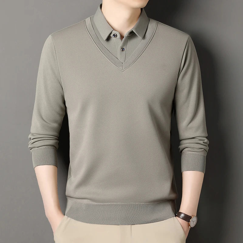 Men's Fleece Knit T-Shirt - Fake Two-Piece Smart Casual Tee for Autumn Winter