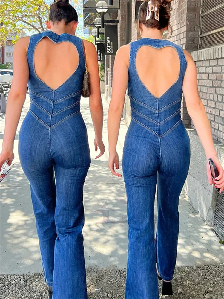 Women's Backless Heart Cut out Bodycon Sleeveless Slim One-Piece Outfits Retro Denim Jumpsuit