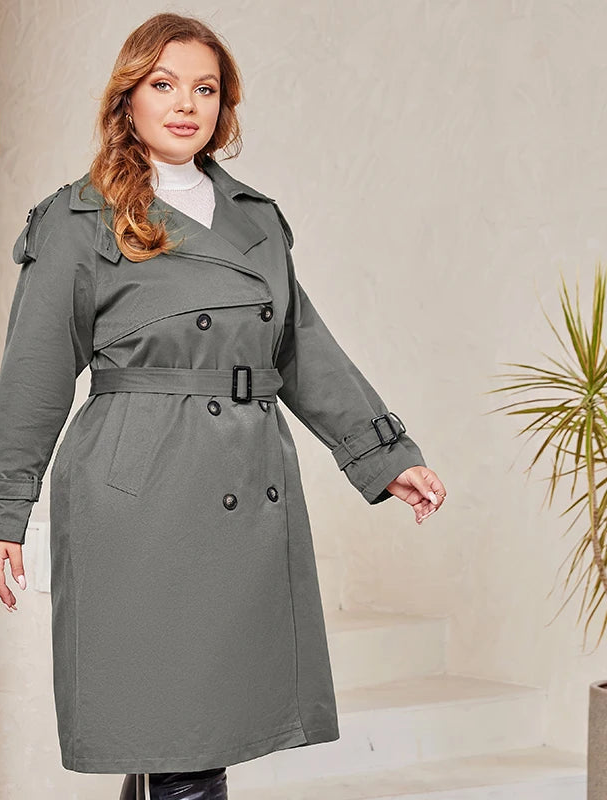 Women's Trench Coat Plus Size Double-Breasted Belted Windbreaker