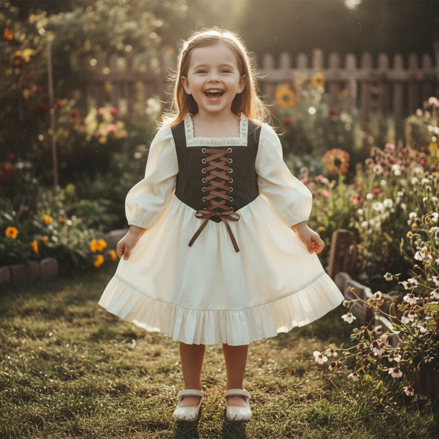 Girls Holiday Dress - Lace Trim Square Neck Ruffle Dress with Long Sleeves