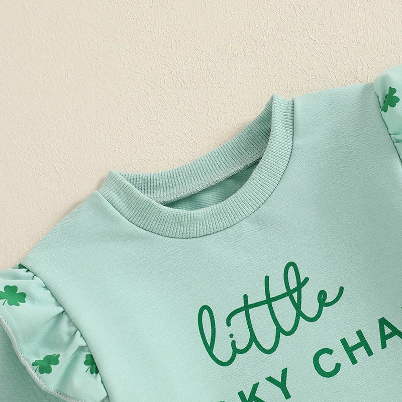 0-3Y Baby Girls Fall Clothes Set Letters Four Leaf Clover Print Long Sleeve Crew Neck Sweatshirt with Pants