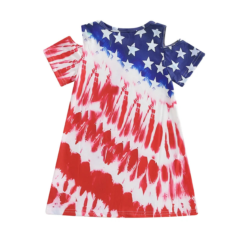 1-8Y  Kids Girls USA Flag Star Tie-Dye Print Short Sleeve Casual Summer Dress