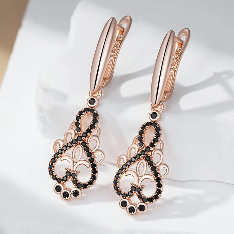 Rose Gold Crystal Flower Long Dangle Earrings - Black Zircon Women's Jewelry