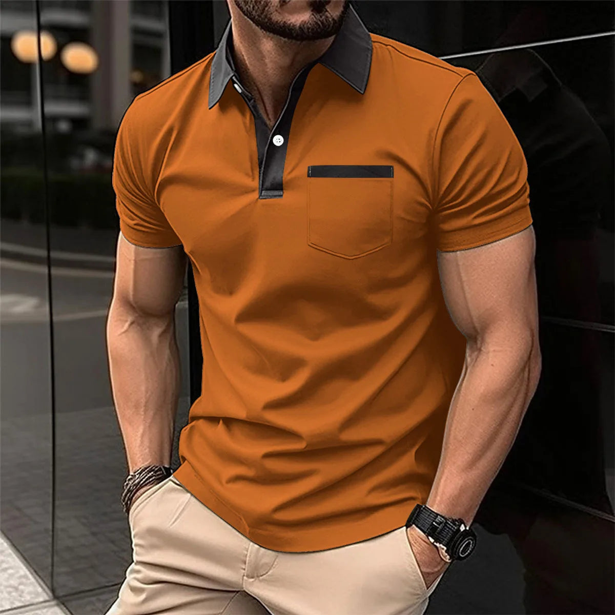 Men's Cotton Blends Polo Turn Down Collar Short Sleeve Smart Casual Patchwork Shirt