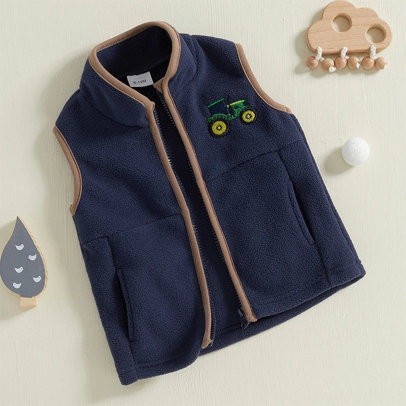 Toddler Boy's Autumn Vest - Sleeveless Zip-Up Tractor Embroidery Fleece Jacket