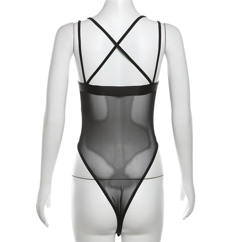 Backless Mesh Sheer Bodysuit - Women Elegant Sleeveless See Through One Piece  Bodysuit