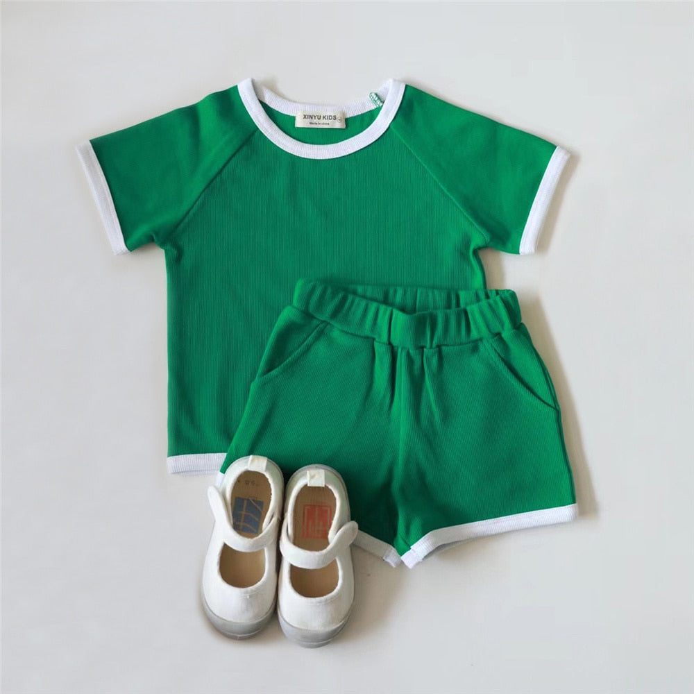 Baby's Ribbed Short Sleeve T-shirts  and Shorts 2Pcs Outfits Set