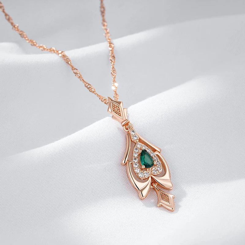 Women's 585 Rose Gold Colour  Crystal Flower Green Natural Zircon  Pendant Necklace