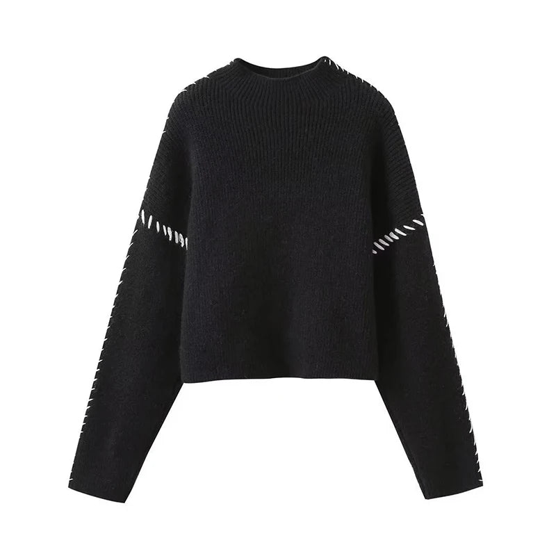 Women's Contrast Patchwork Topstitch Pullover Round Collar Knitted Top Chic Long Sleeve Loose Sweater