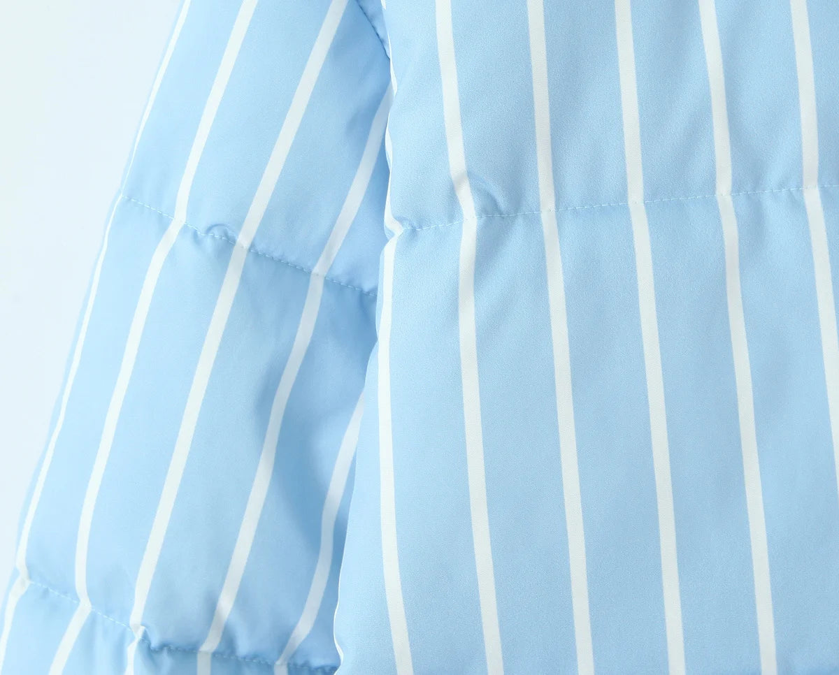 Striped Hooded Bread Jacket - Front Zipper Long Sleeve Warm Coat