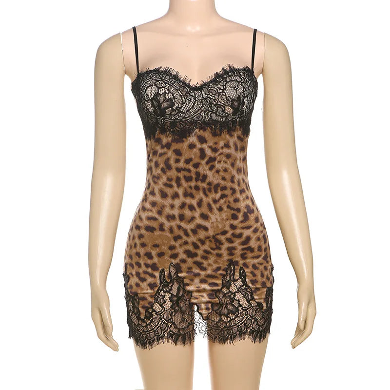 Women's Leopard Lace Sheer Mini Dress - Backless Slip Bodycon Sleepwear