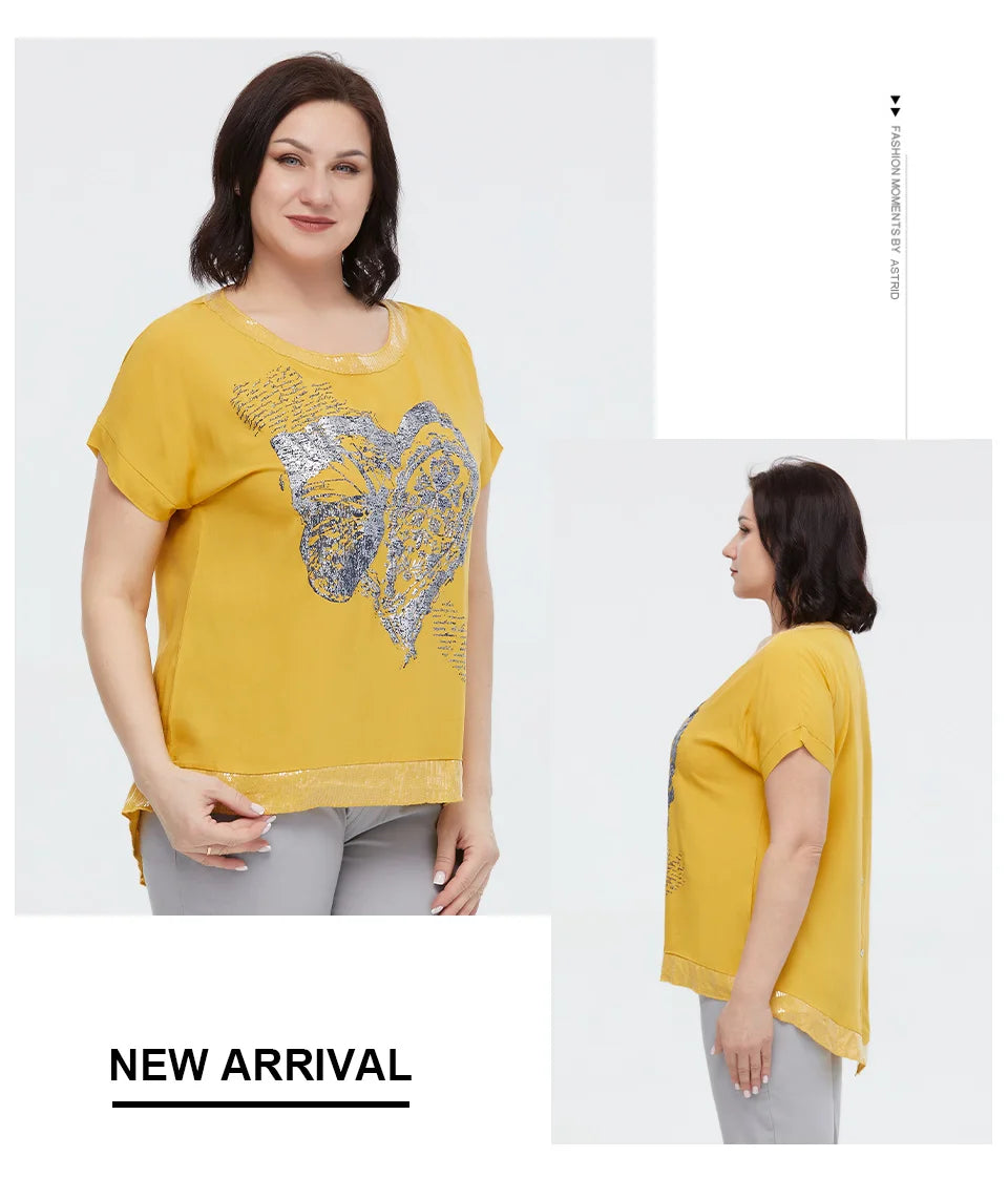 Women's Oversized Short Sleeve Sequin Print Cotton Top