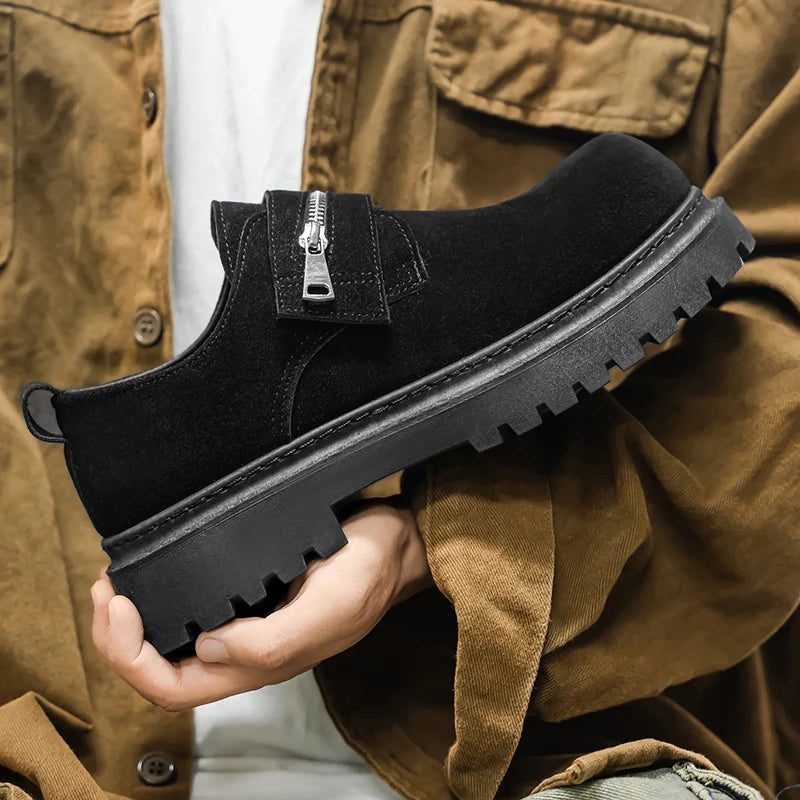 Men's Suede Leather Platform Work Shoes - Zipper Business Sneakers