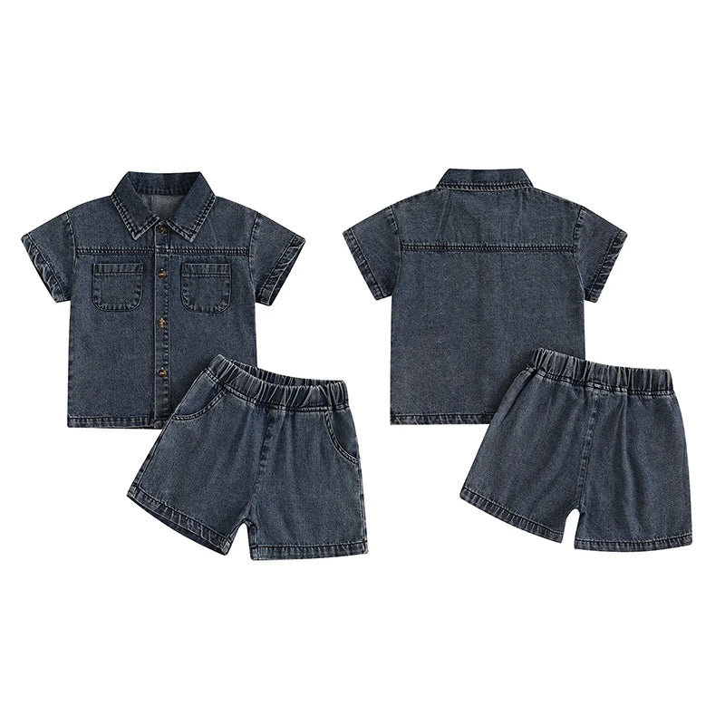 2-6Y  Kids Boys Girls Summer Denim Clothes Sets Short Sleeve Button-down Shirt with Elastic Waist Shorts