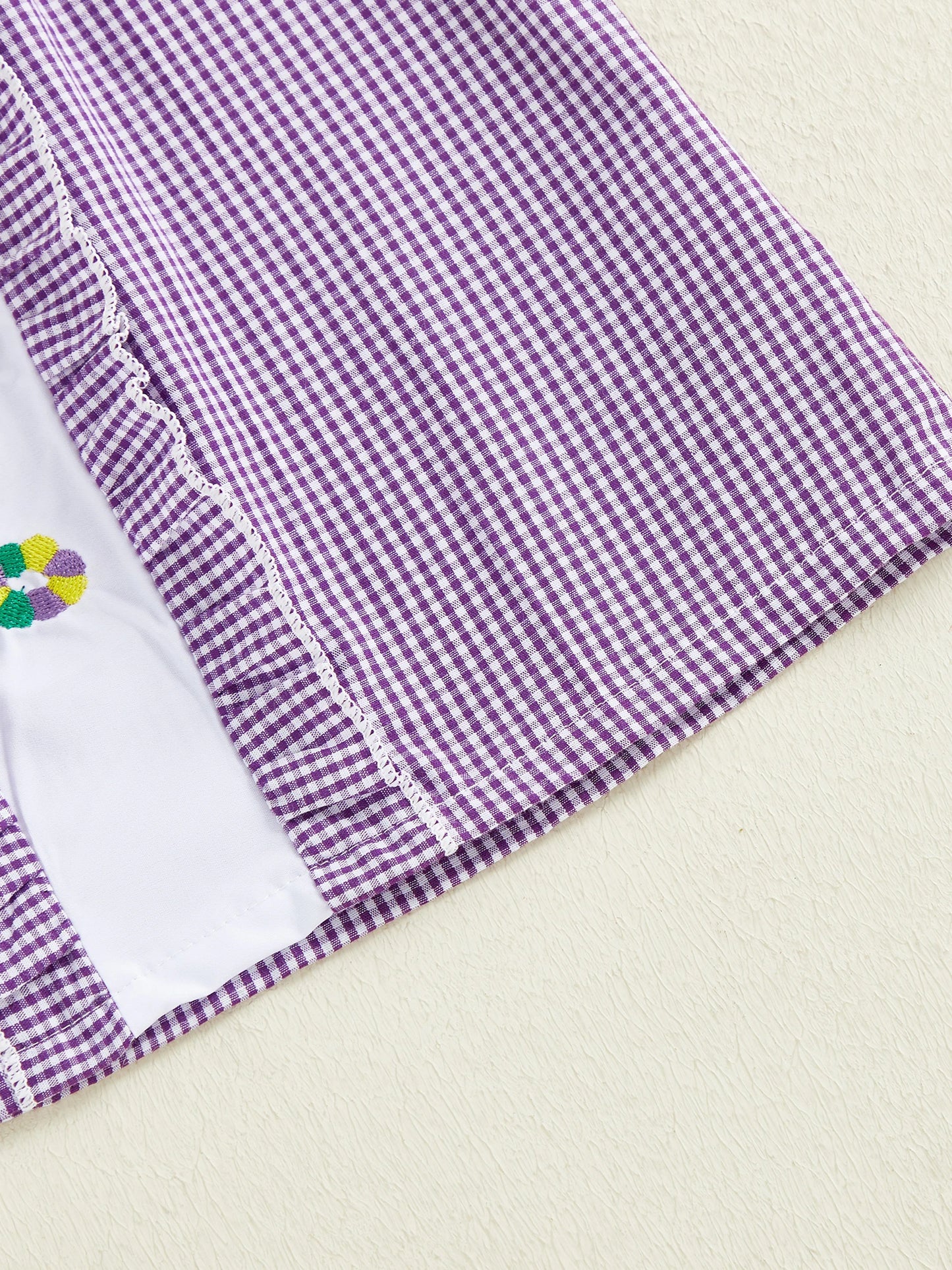 Girls Plaid A-Line Dress - Cartoon Embroidered Ruffle Trim Short Sleeve