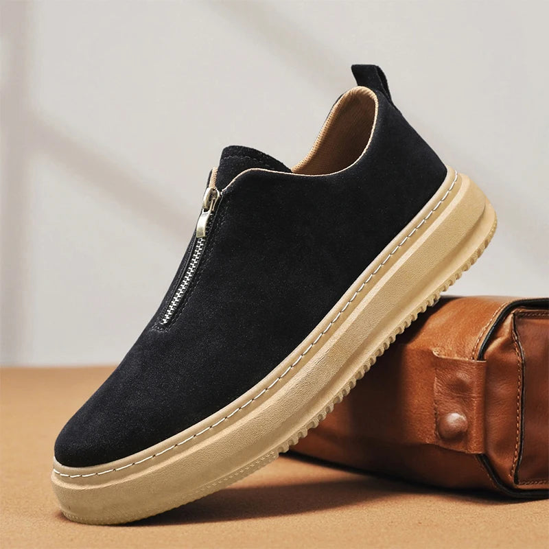 Men's Suede Leather Platform Work Shoes - Zipper Casual Business Sneakers