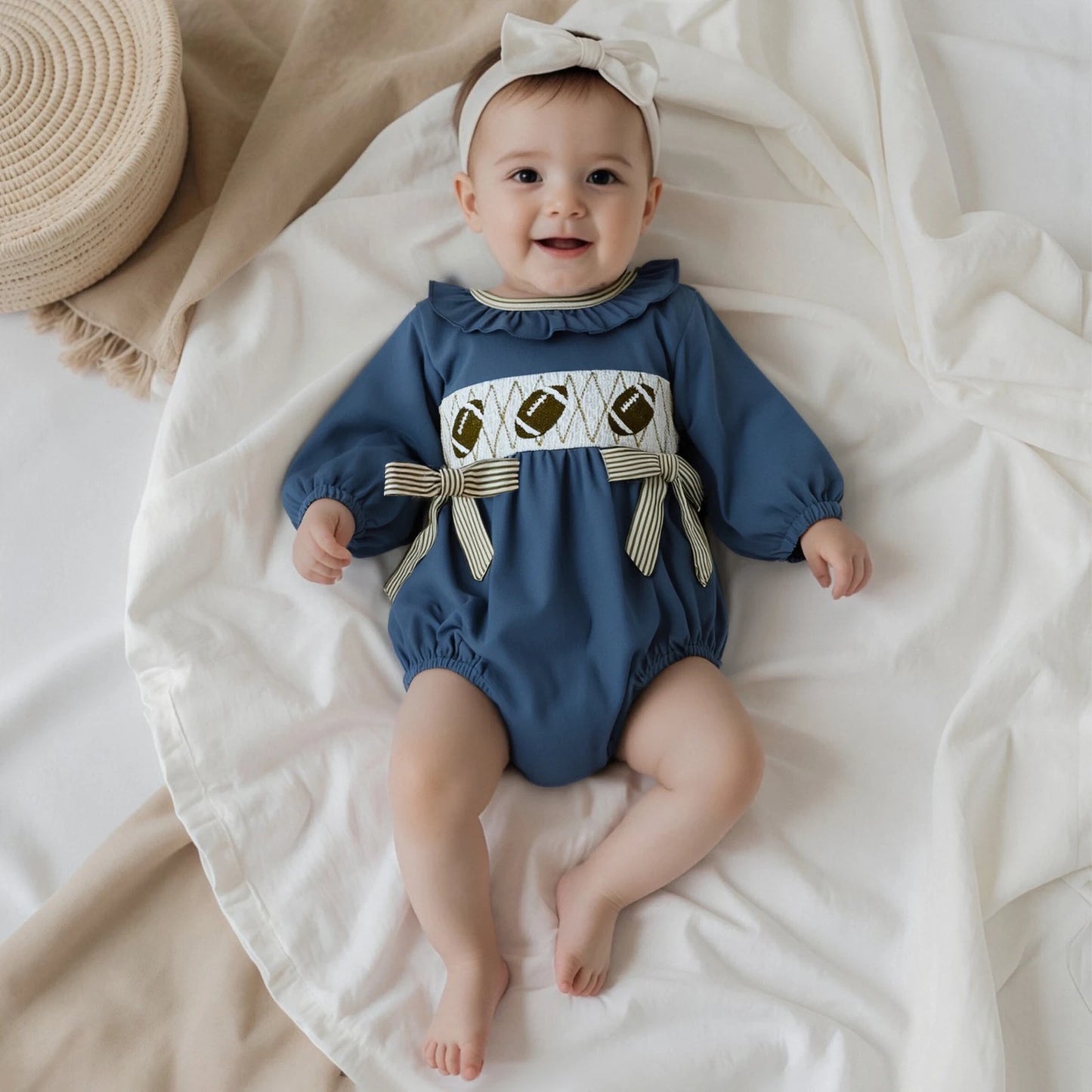 Baby Girls Autumn Winter Romper - Football Embroidery Ruffled Bubble Jumpsuit with Bow (0-18M)