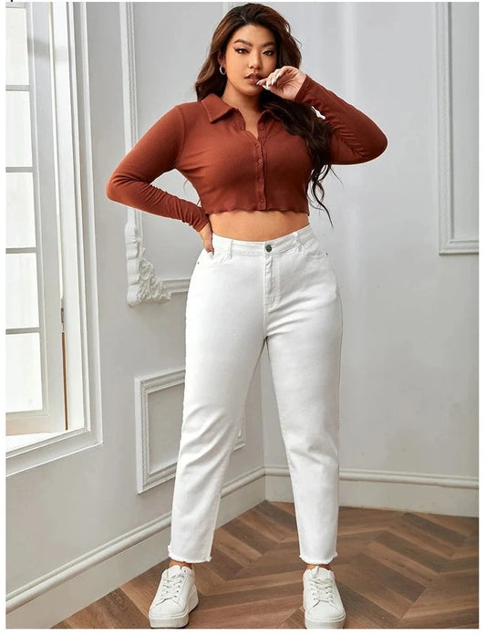 Women Plus Size White  Full Length High Waist Stretchy Denim  Jeans