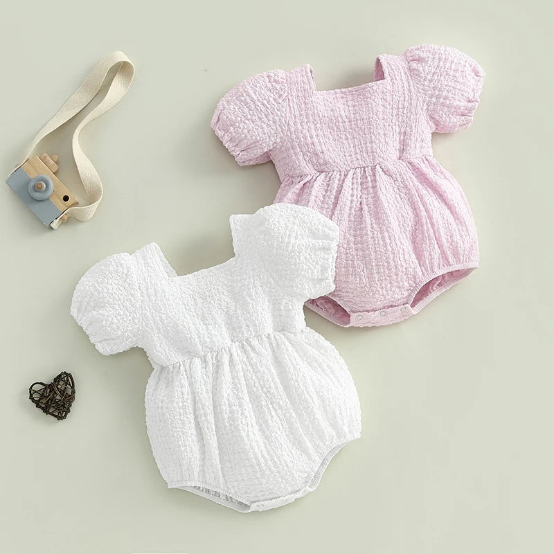 Baby Girls Bubble Romper - Short Puff Sleeve Square Neck Backless Playsuit