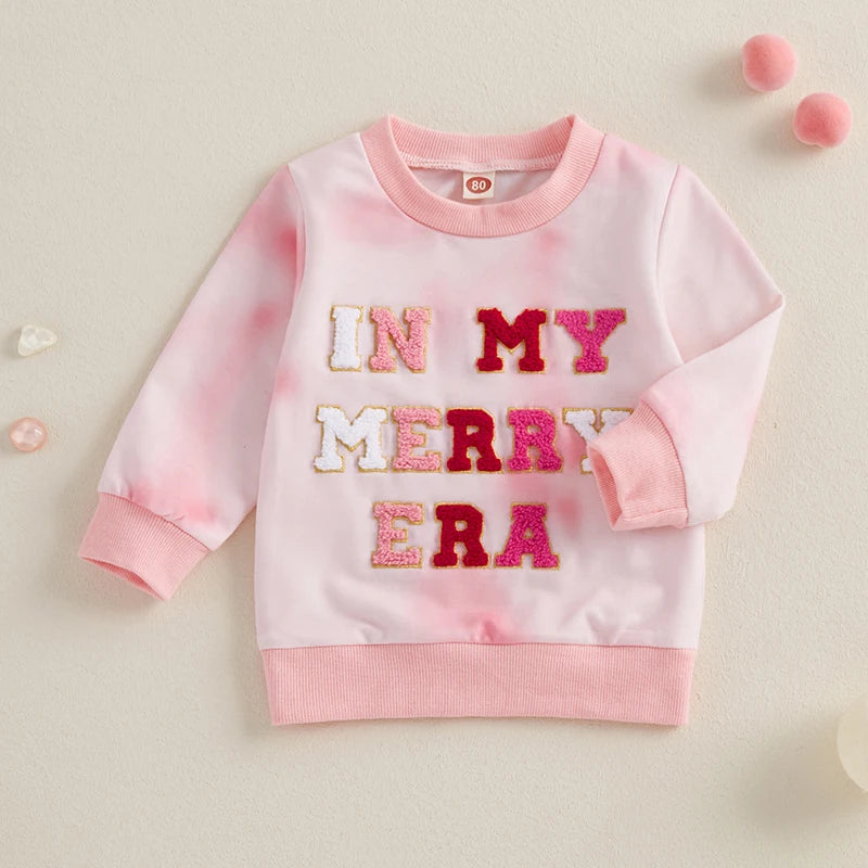 0-3Y Baby Girl Christmas Sweatshirt - Tie-Dye Print Letter Embroidery Long Sleeve Pullovers Top