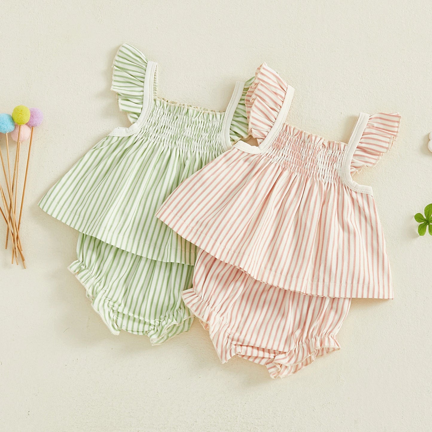 Baby Girls Striped Summer Outfit Set - Flying Sleeve Top & Shorts (0-24M)