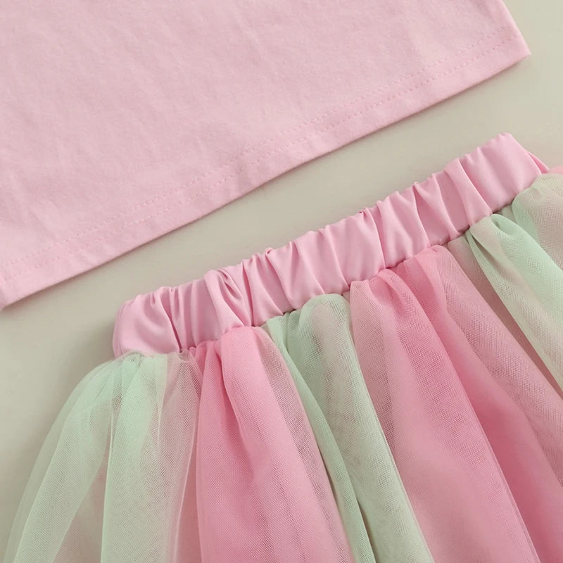 0-5Y Toddler Kids Girls Summer Clothes Sets Letter Embroidery Short Sleeve T-Shirt and Elastic Tulle Skirt