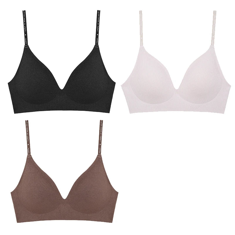 Women's 3/5Pcs/set Wireless Bra Deep V Padded Bralette Stripe Knitting Bras