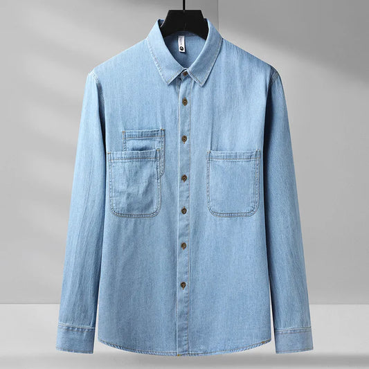 Men's Cotton Long Sleeve Loose Turn Down Collar Denim Shirt