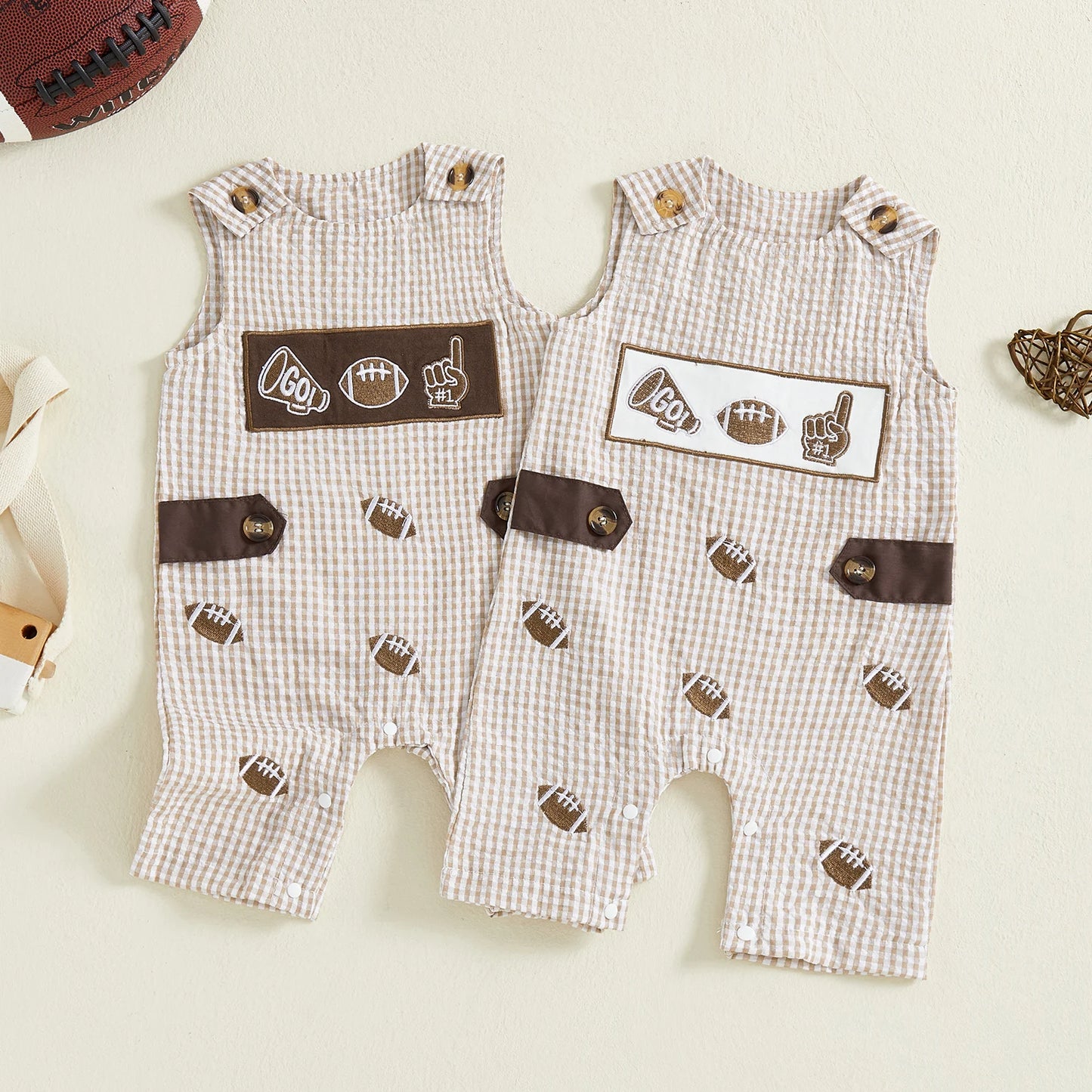 Baby Plaid Romper Overalls - Sleeveless Football Embroidery Jumpsuit (0-18M)