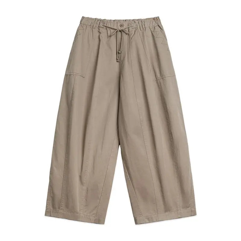 Women's Wide Leg Cargo Trousers - Khaki Elastic Waist Pocket Pants