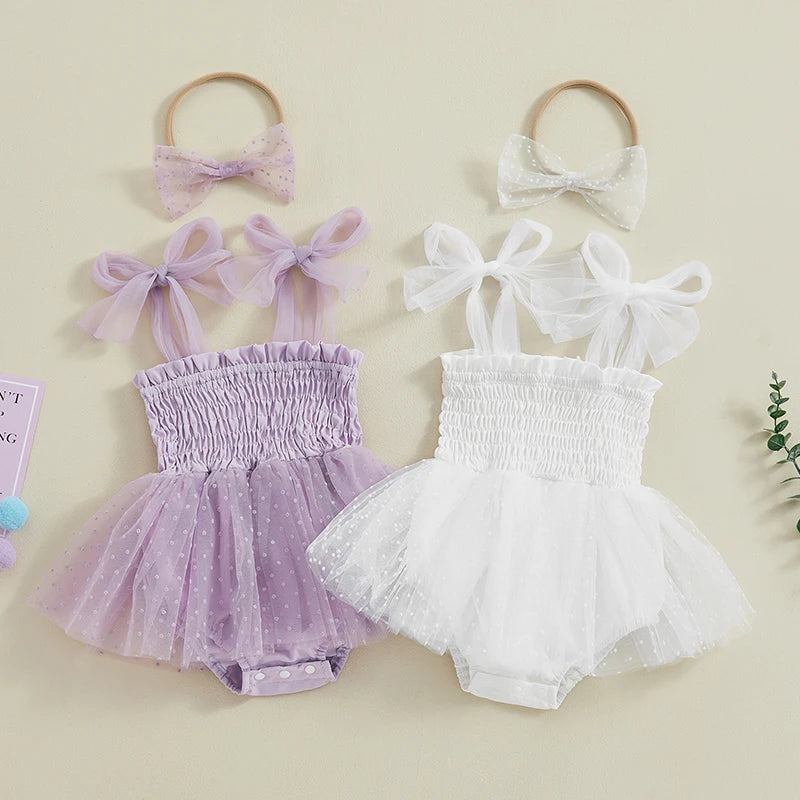 Baby Girls Princess Romper Dress Set - Sleeveless Dot Mesh Tulle with Hairband