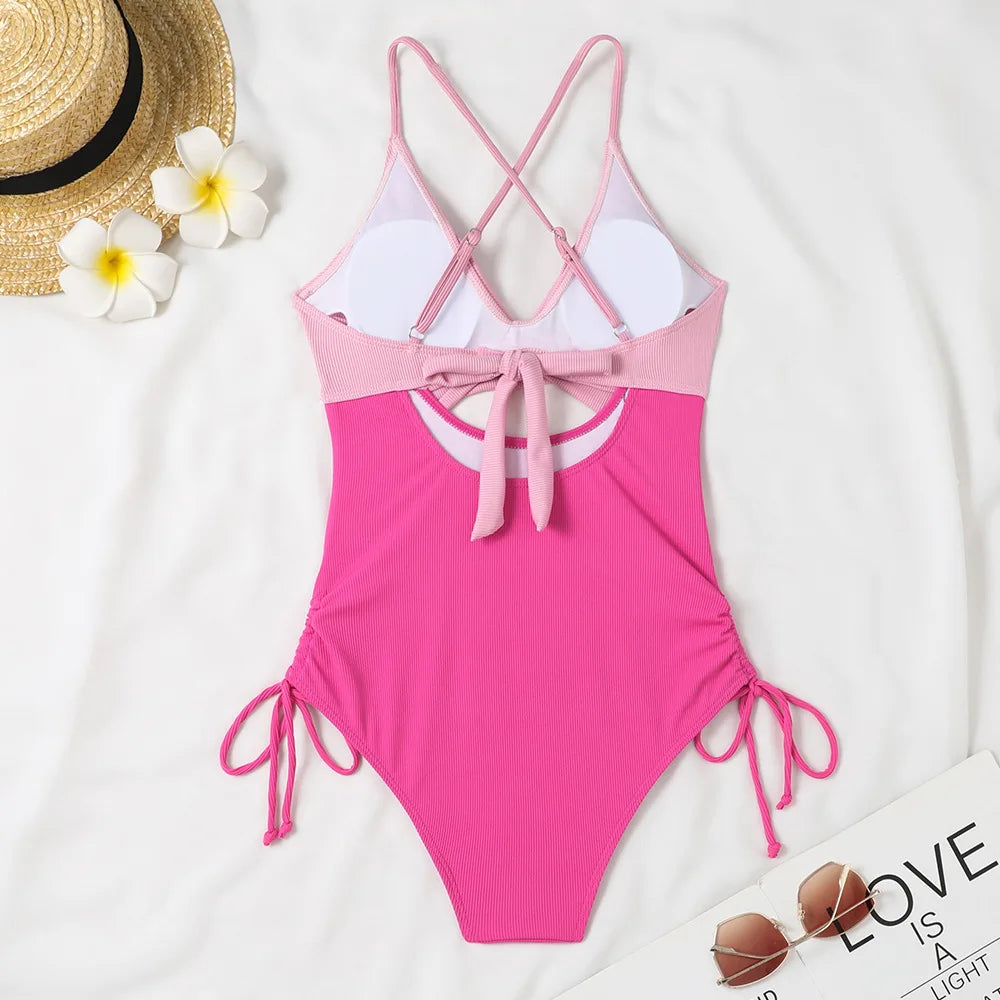 Women's Cut Out Halter One Piece Swimsuit Drawstring Swimwear