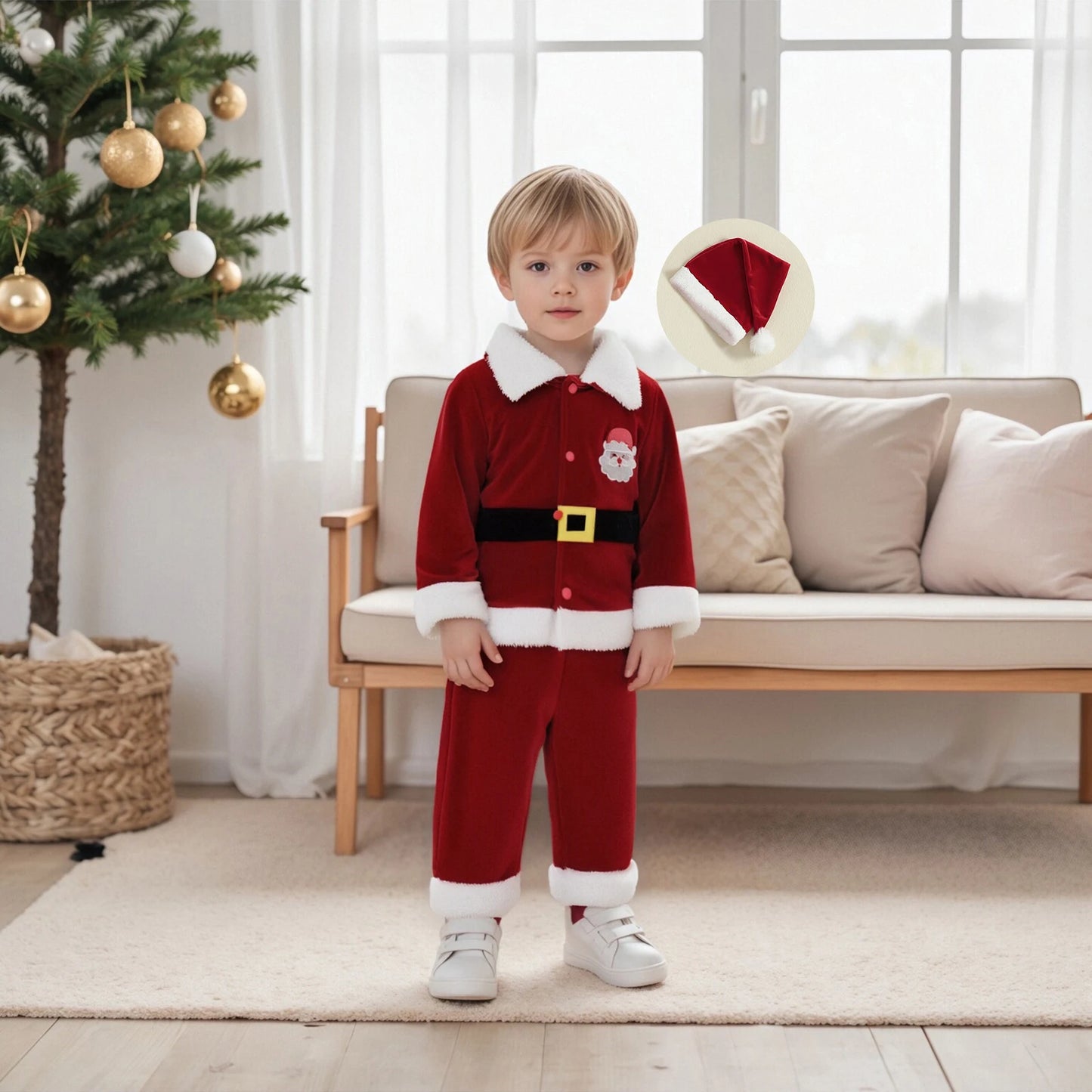 Christmas Santa Costume Set - Kids Lapel Button Down Top & Pants Outfit