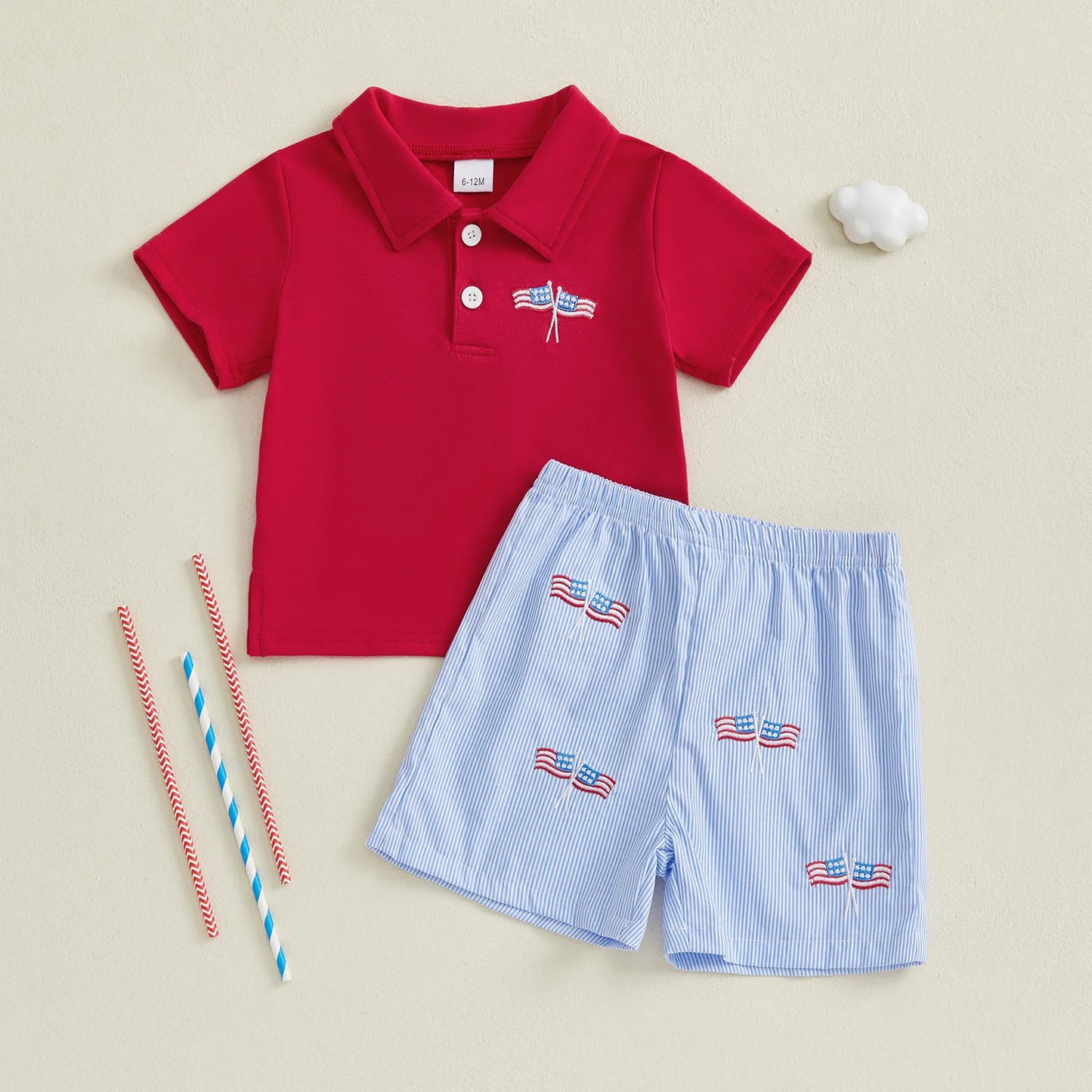 0-4Y Kids Girls Boys Clothes Sets Flag/Car Embroidery Short Sleeves T-Shirt and Elastic Shorts