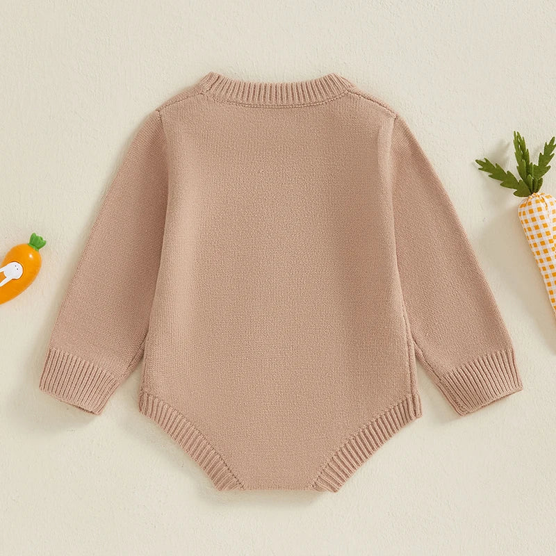 Baby Unisex Knit Long Sleeve Romper | Letter & Rabbit Festival Print | O-Neck | Covered Button | Cotton Blend | All Seasons | 3–18 Months