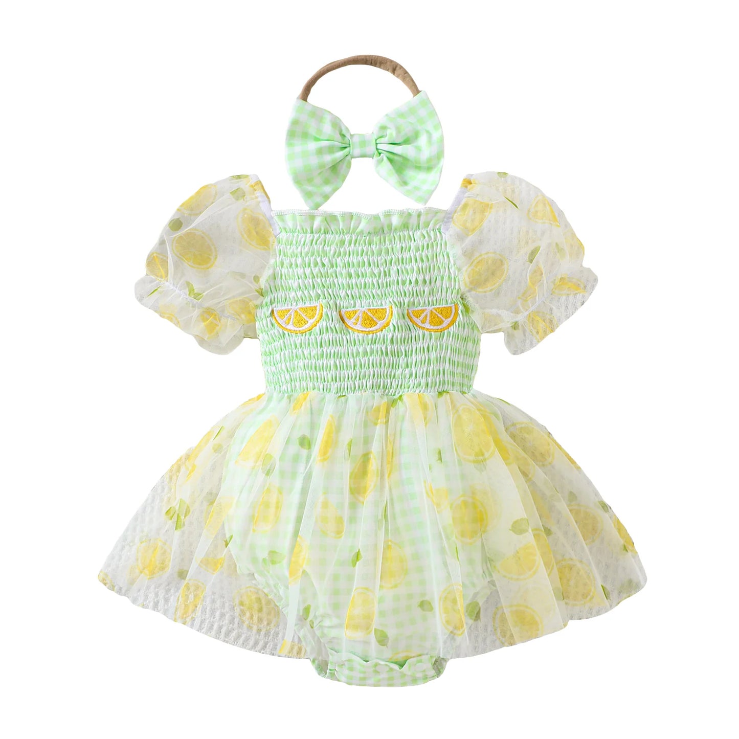 Fruit Embroidered Romper Dress with Headband - Baby Girls (0-18M)