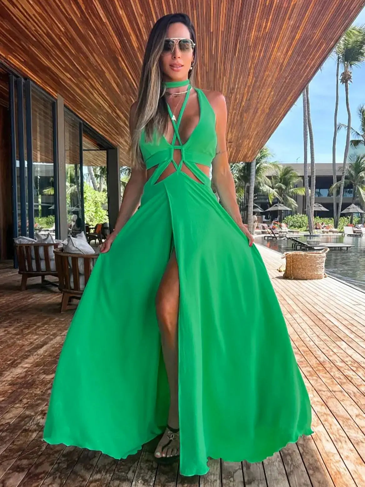 Women's Halter Neck Tie Backless Beachwear Green Cover Up Long Dress