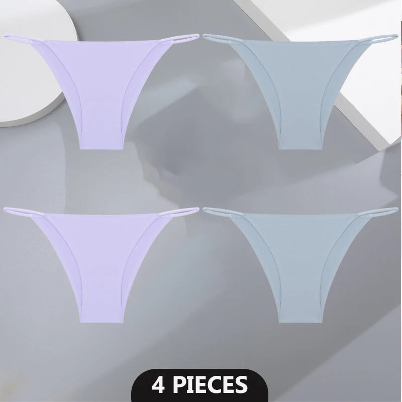 Women's 4Pcs/set Seamless Underwear Ice Silk Briefs Panties Thin Strap Lingerie