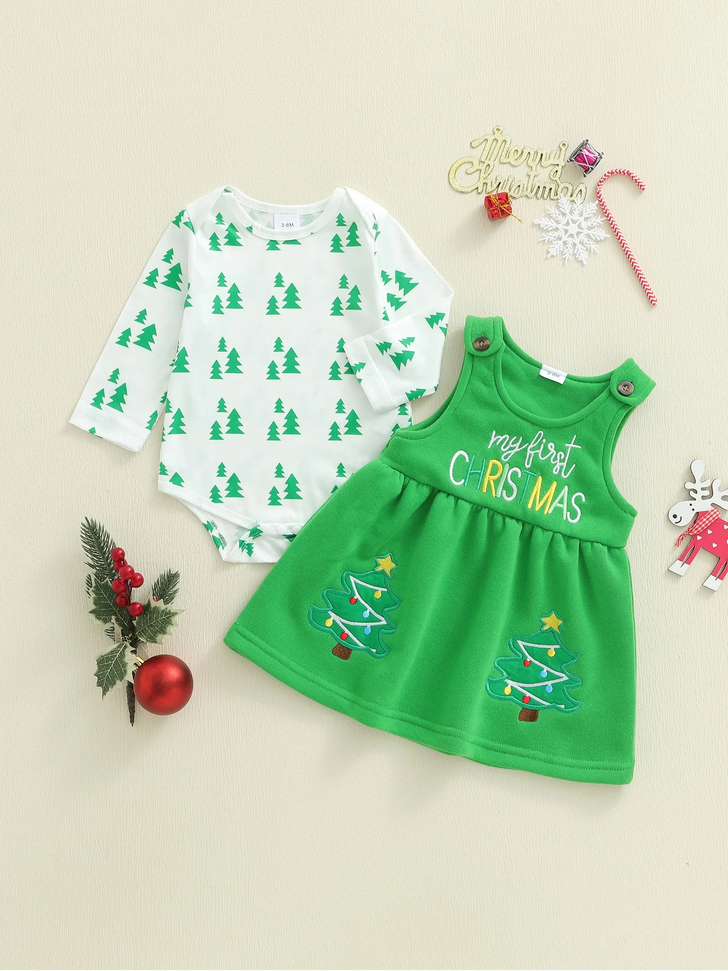 Baby Girls Christmas Clothes Set - Xmas Tree Print Long Sleeve Romper & Letter Embroidery Sleeveless Dress