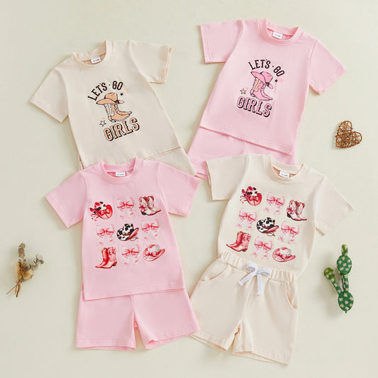 0-4Y Kids Girls Clothes Set Short Sleeve Crew Neck Letters Boots Print T-shirt with Shorts