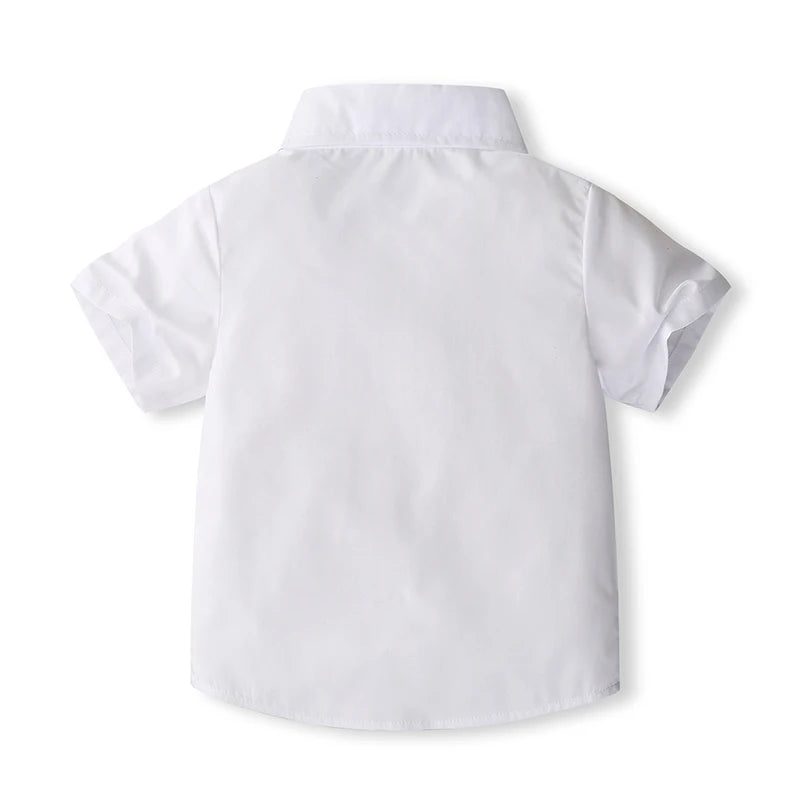 1-5Y Toddler Kids Boys Clothes Set 2pcs Solid Color Short Sleeve Button Shirt with Suspend Shorts Gentleman Outfit