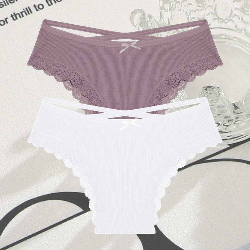 Women's Cotton Panties - 2 Pack Lace Brazilian Briefs Low-Waist
