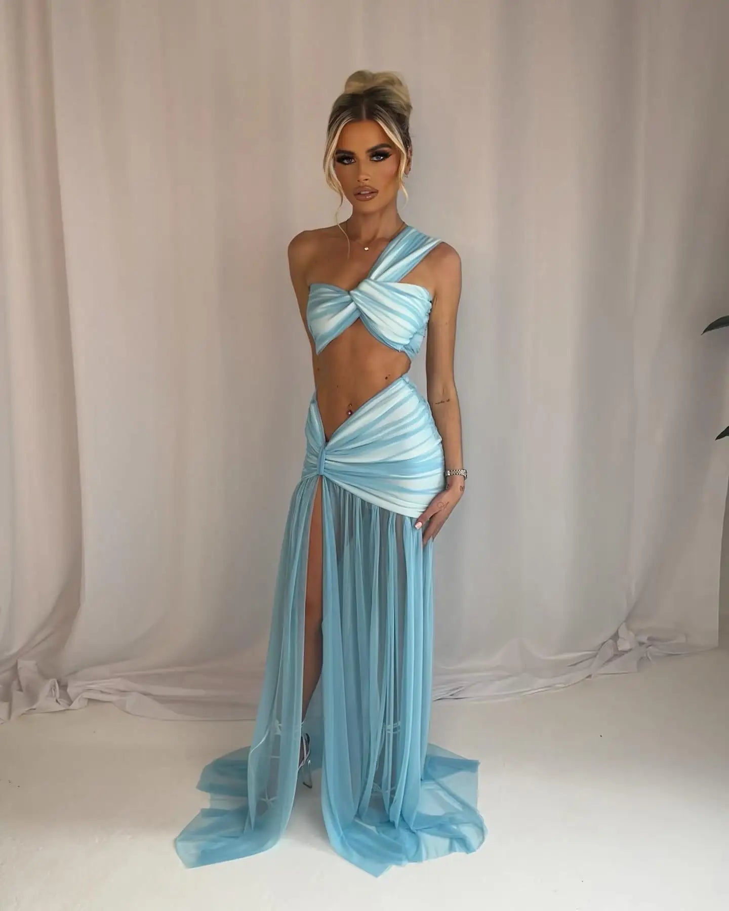 Women's Two-piece Bandage Sleeveless Waist Chic Slit Summer Mini Skirt Set