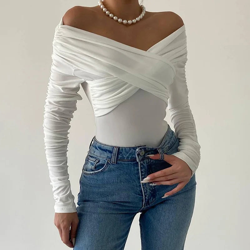 Women's Ruched Backless Wrap Bodysuit - Off Shoulder Slim Long Sleeve White Top One Piece