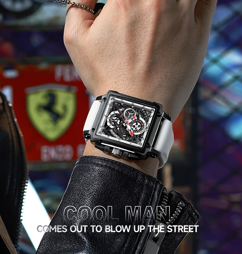 Men's Sports Watch - Large Dial Rectangular Design with Chronograph & Auto Date