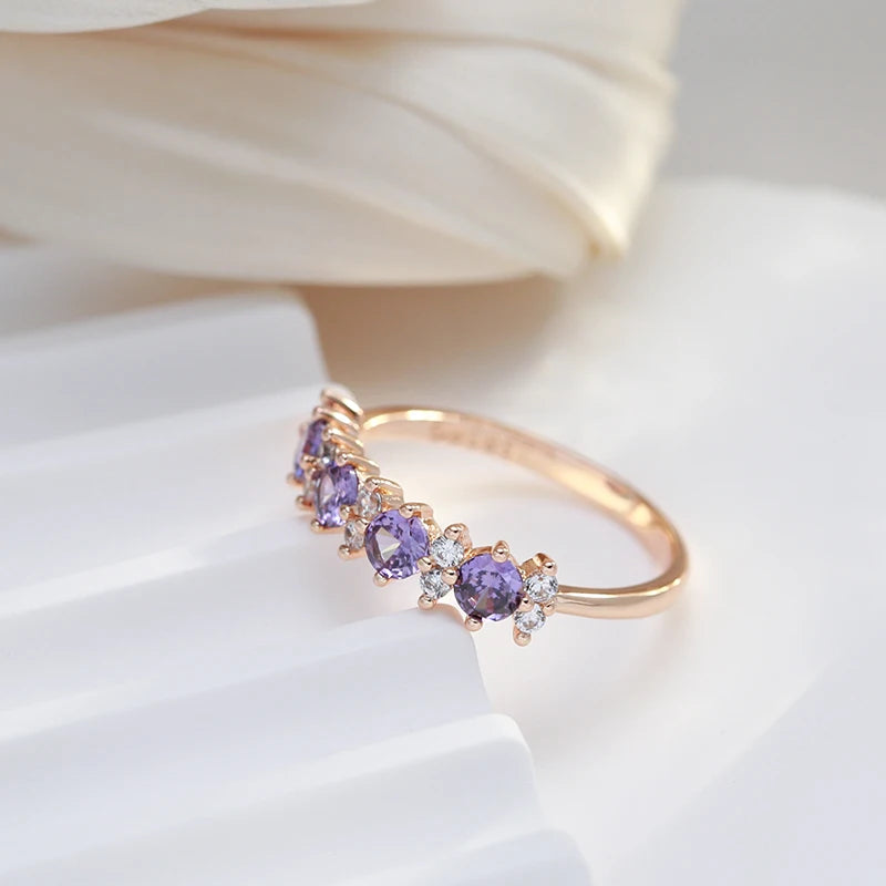 Women 585 Rose Gold Colour Round Matching Wedding Band Sparkling Purple Natural Zircon Ring