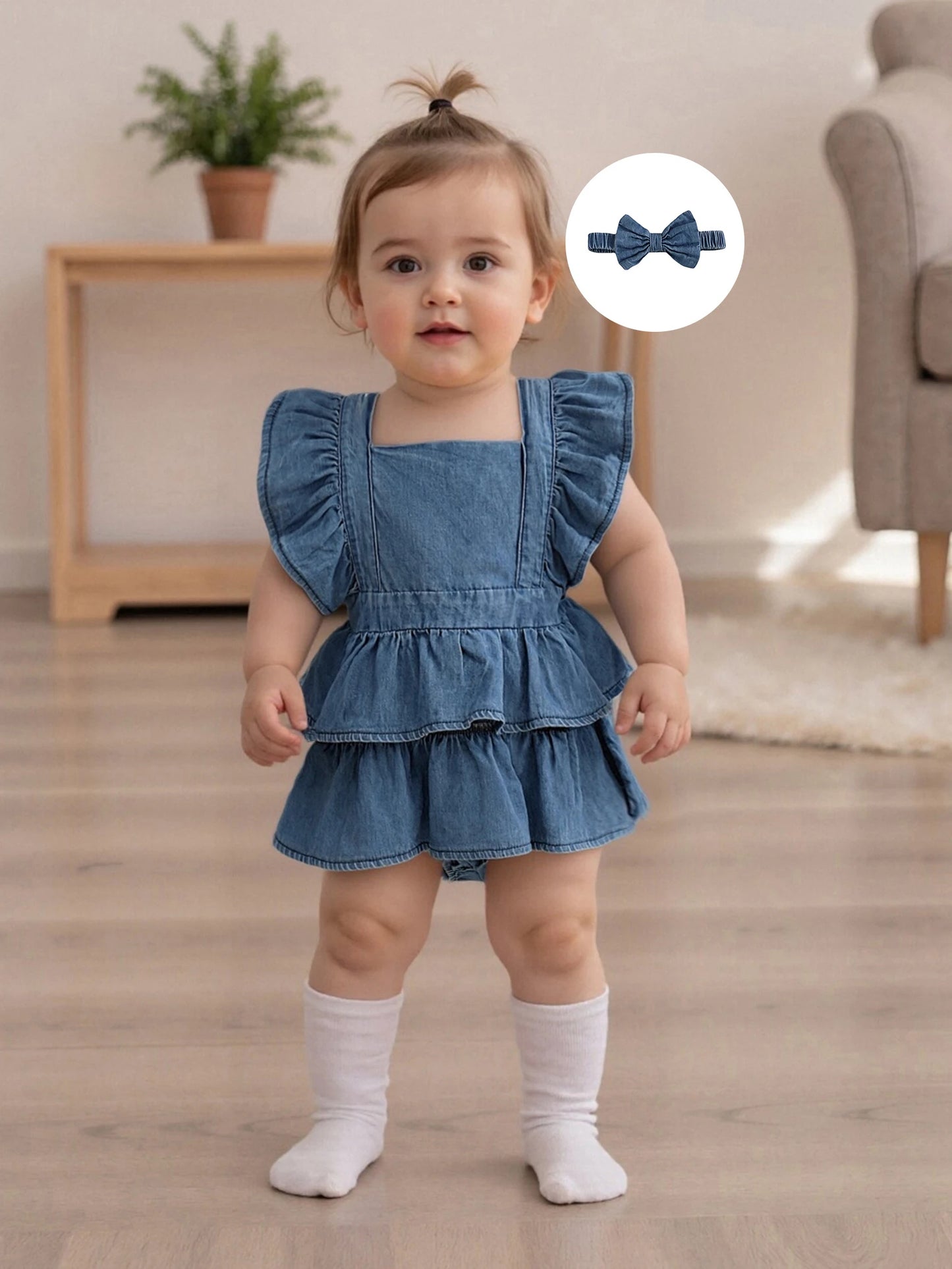 Baby Girls Denim Romper Dress Set - Ruffles Fly Sleeve Layered Jumpsuit with Bowknot Hairband