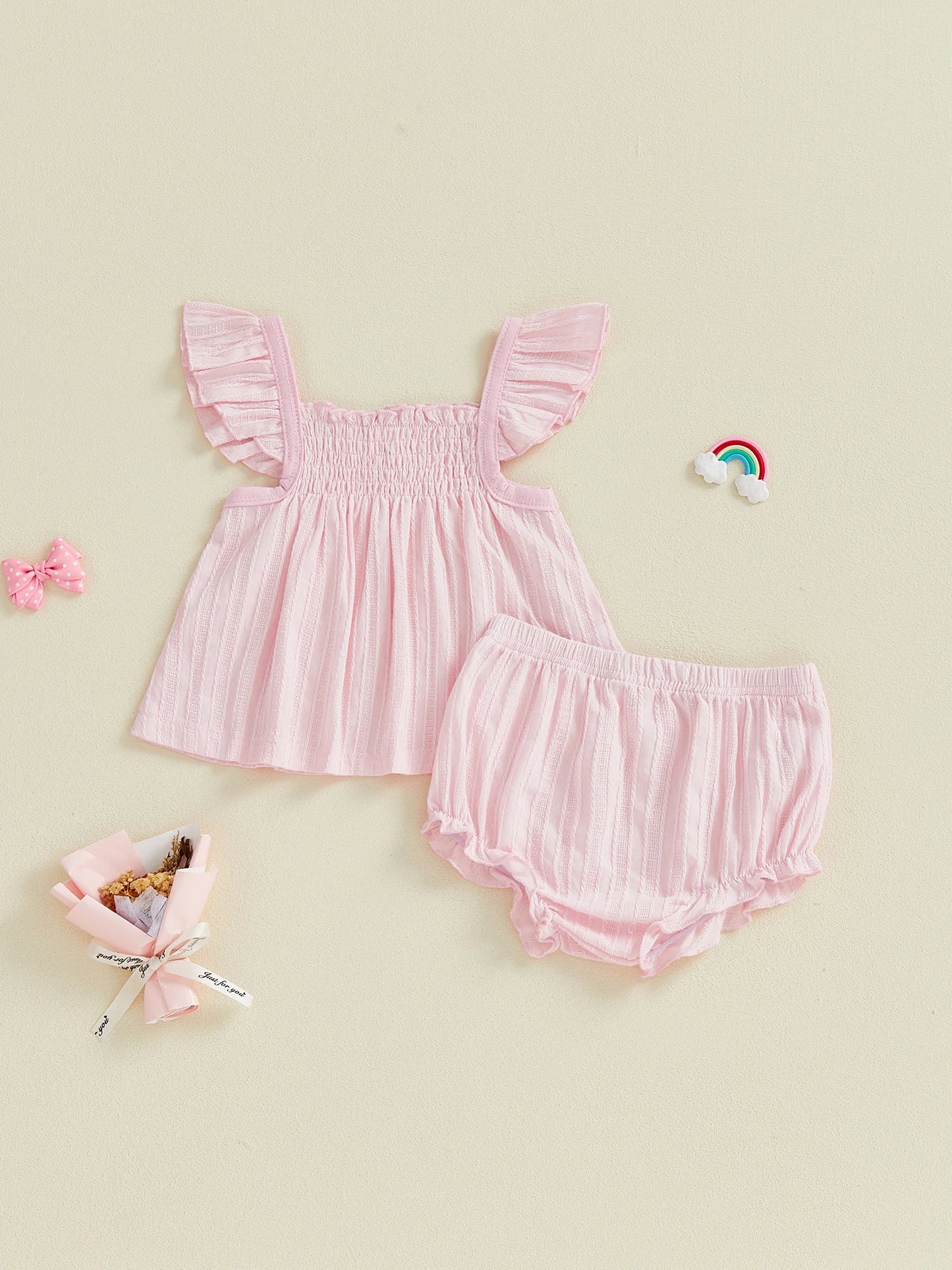 Baby Girls Summer Outfit Set - Flying Sleeve Top & Ruffle Shorts (0-24M)